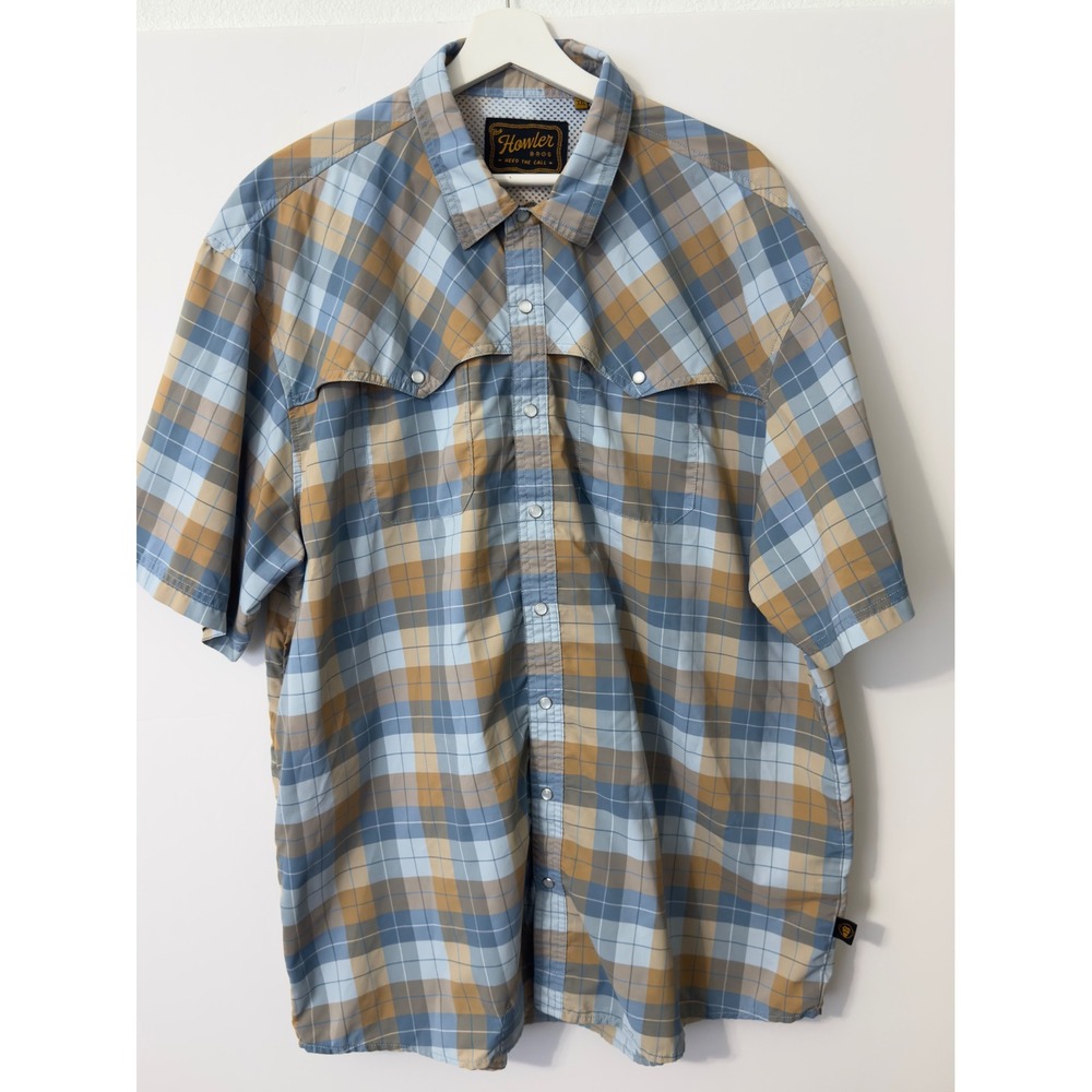 Howler Bros Snapshirt Mens XXL Blue Brown Plaid Western Pearl Snap Performance